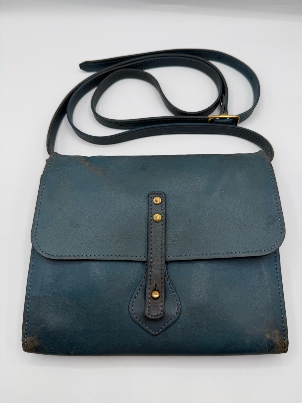 RARE Vintage J.W. Hulme Co. USA Teal/Slate Blue Leather Flap Crossbody Bag